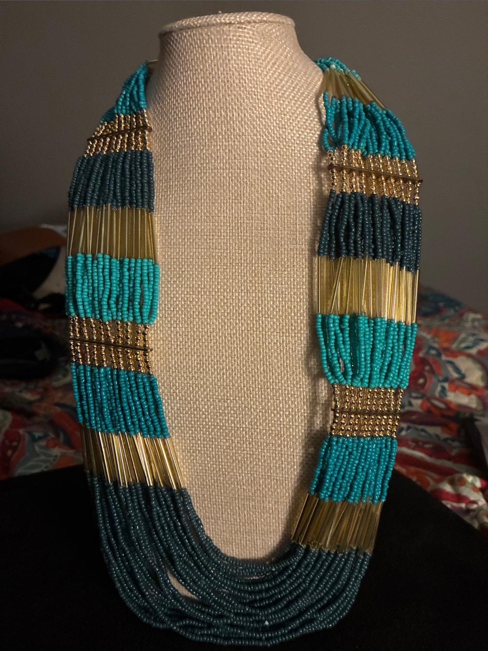Lane Bryant Turquoise, Gold, & Teal Glass Bead Statement Necklace